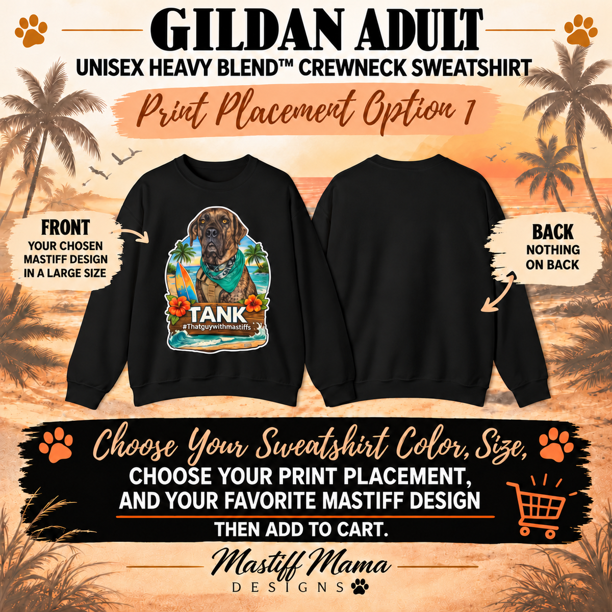 Official That Guy With Mastiffs adult unisex crewneck sweatshirt showing a large selected Mastiff design on the front with a blank back.