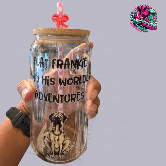 Flat Frankie And His Worldly Adventures Clear 16 oz Glass Can - Use Drop Down Box To Select Style
