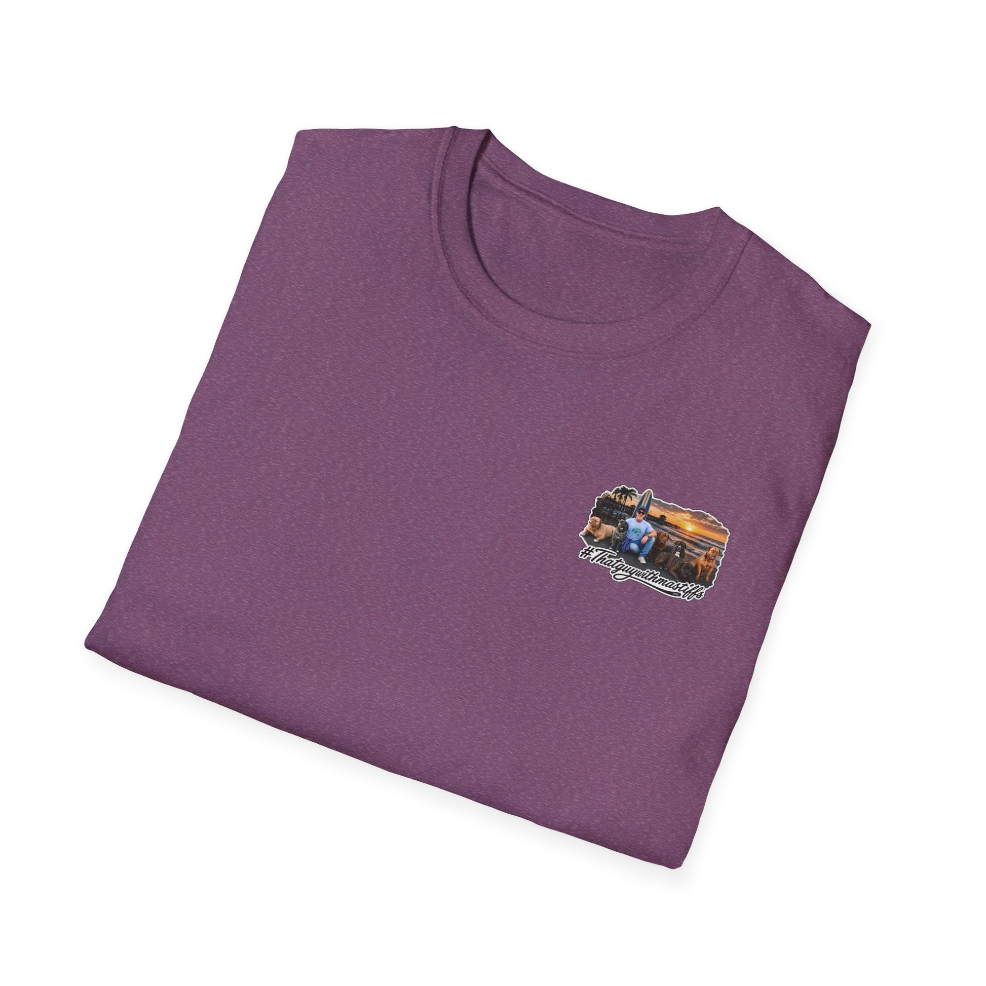 Folded maroon t-shirt with a logo on a white background