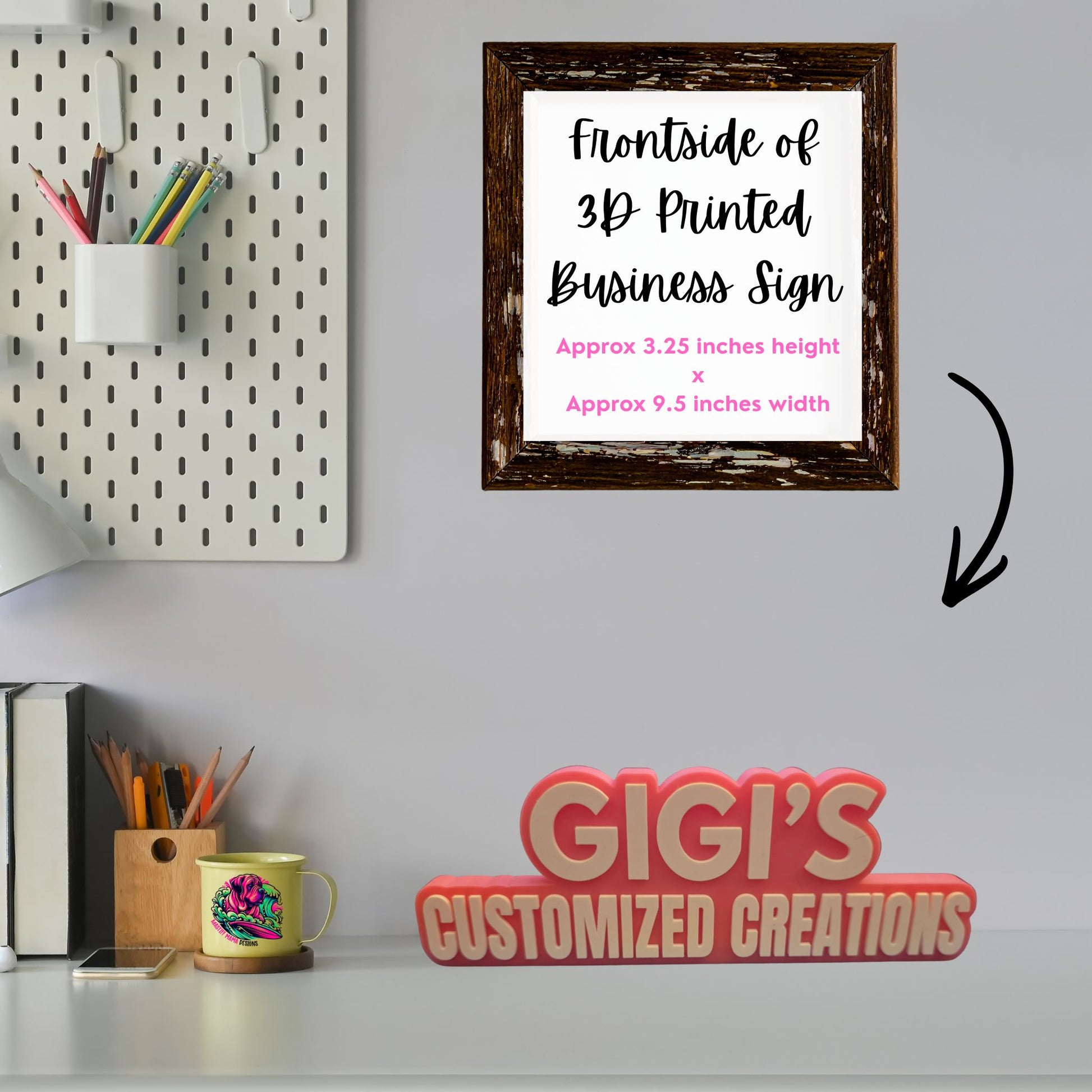 Freestanding 3D printed business name sign reading Gigi’s Customized Creations, displayed on a desk as a branded prop for product photography, vendor booths, office décor, social media content, and promotional displays. Sign measures approximately 3.25 inches high by 9.5 inches wide.