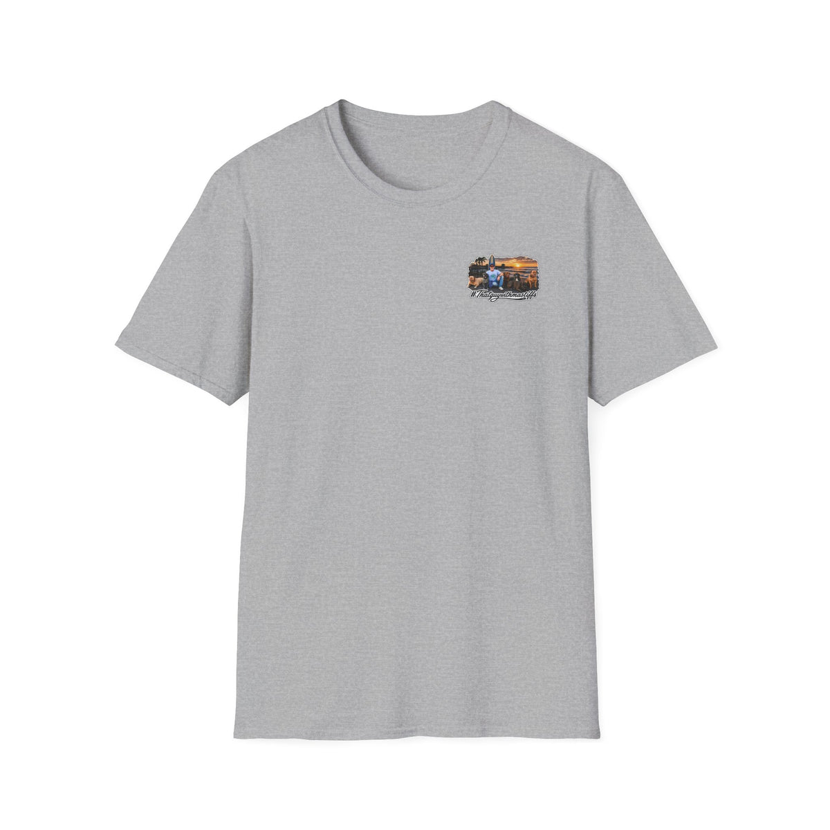 Sport Grey That Guy With Mastiffs shirt mockup showing small pocket-sized front logo option.