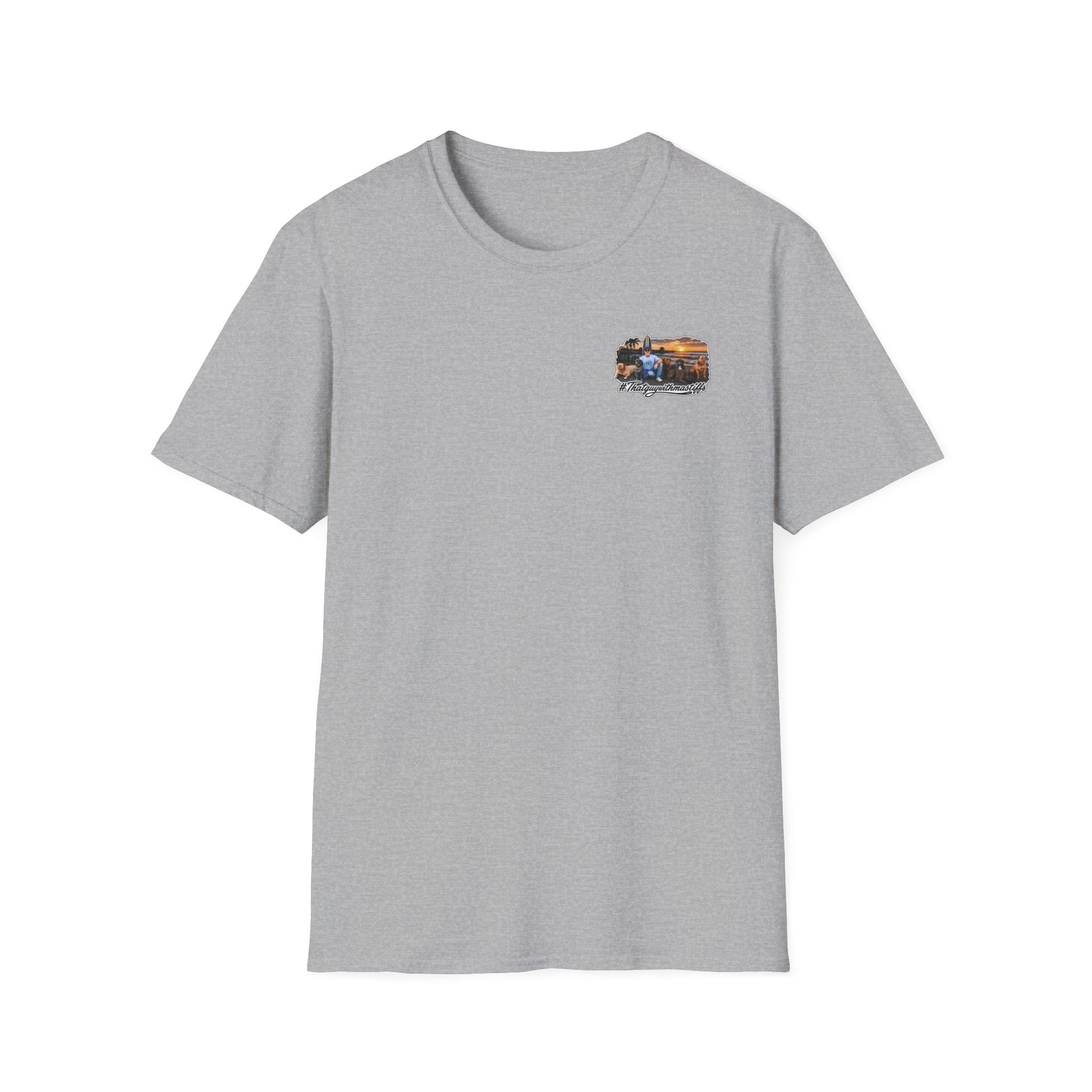 Sport Grey That Guy With Mastiffs shirt mockup showing small pocket-sized front logo option.
