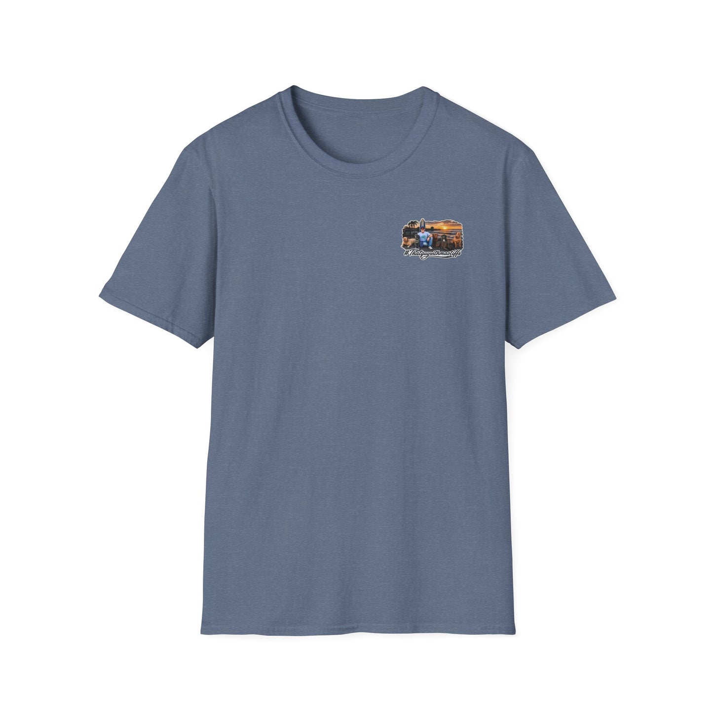 Indigo That Guy With Mastiffs shirt mockup with small pocket-sized front logo option for official mastiff merch.