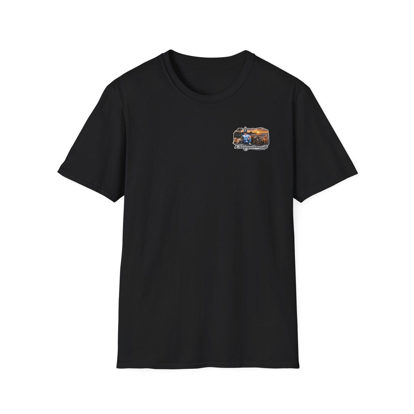 Black That Guy With Mastiffs shirt mockup with small pocket-sized front logo option for official mastiff merch.