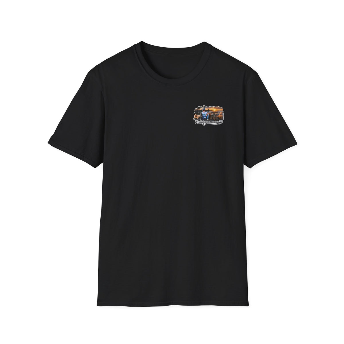 Black That Guy With Mastiffs shirt mockup with small pocket-sized front logo option for official mastiff merch.