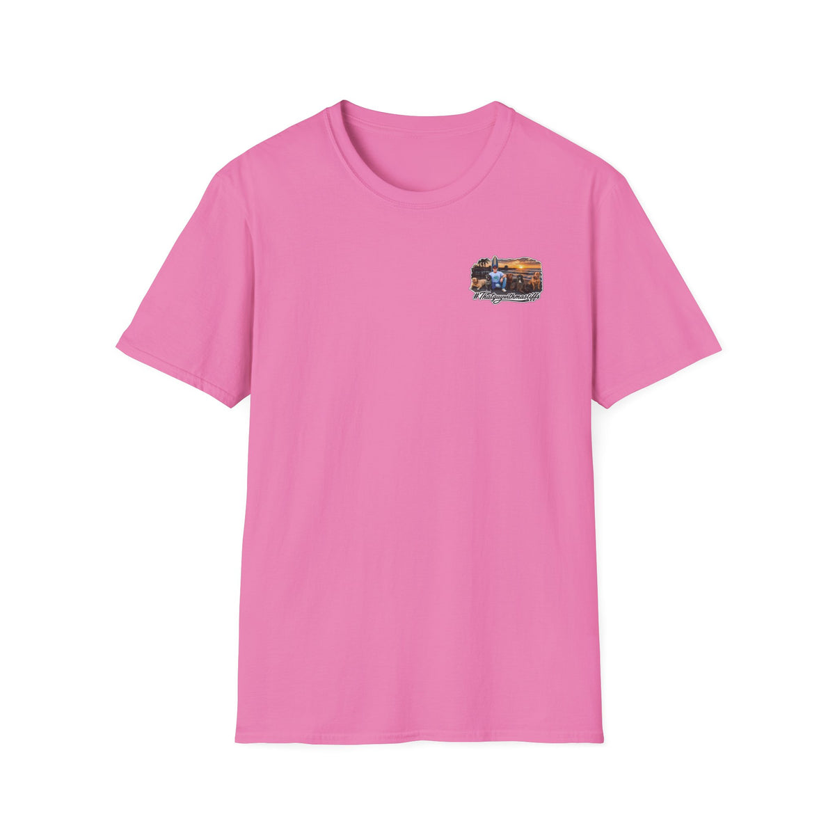 Pocket logo photo: Pink That Guy With Mastiffs shirt mockup with small pocket-sized front logo option for official mastiff merch.