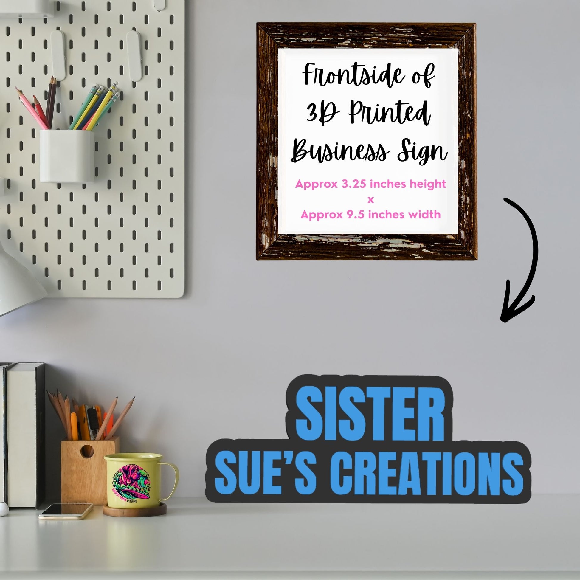 Custom Sister Sue’s Creations large 3D business sign with cyan blue raised lettering and black freestanding base for vendor events and business displays