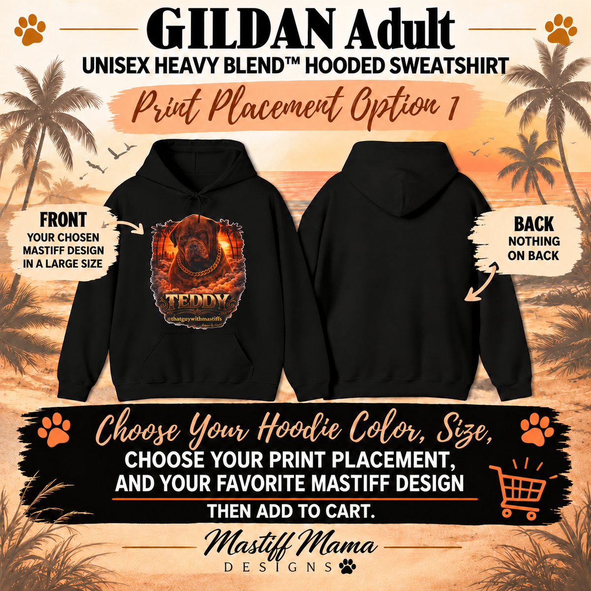 Official That Guy With Mastiffs unisex hoodie showing a large chosen Mastiff design on the front above the kangaroo pocket with a blank back.