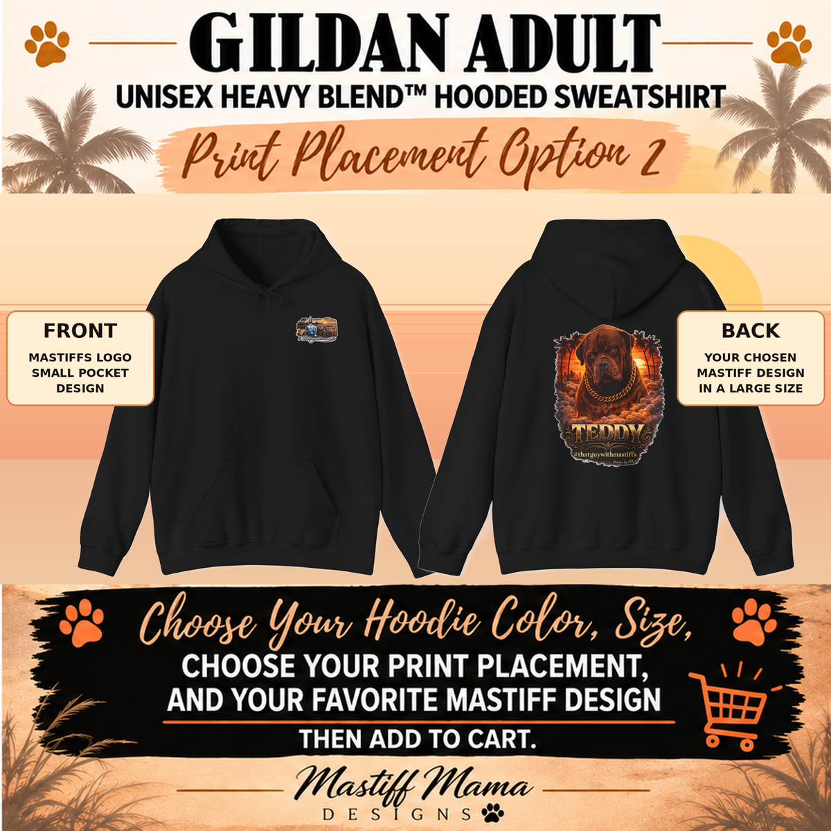 That Guy With Mastiffs hoodie with small left chest logo and selected large Mastiff design printed on the back.
