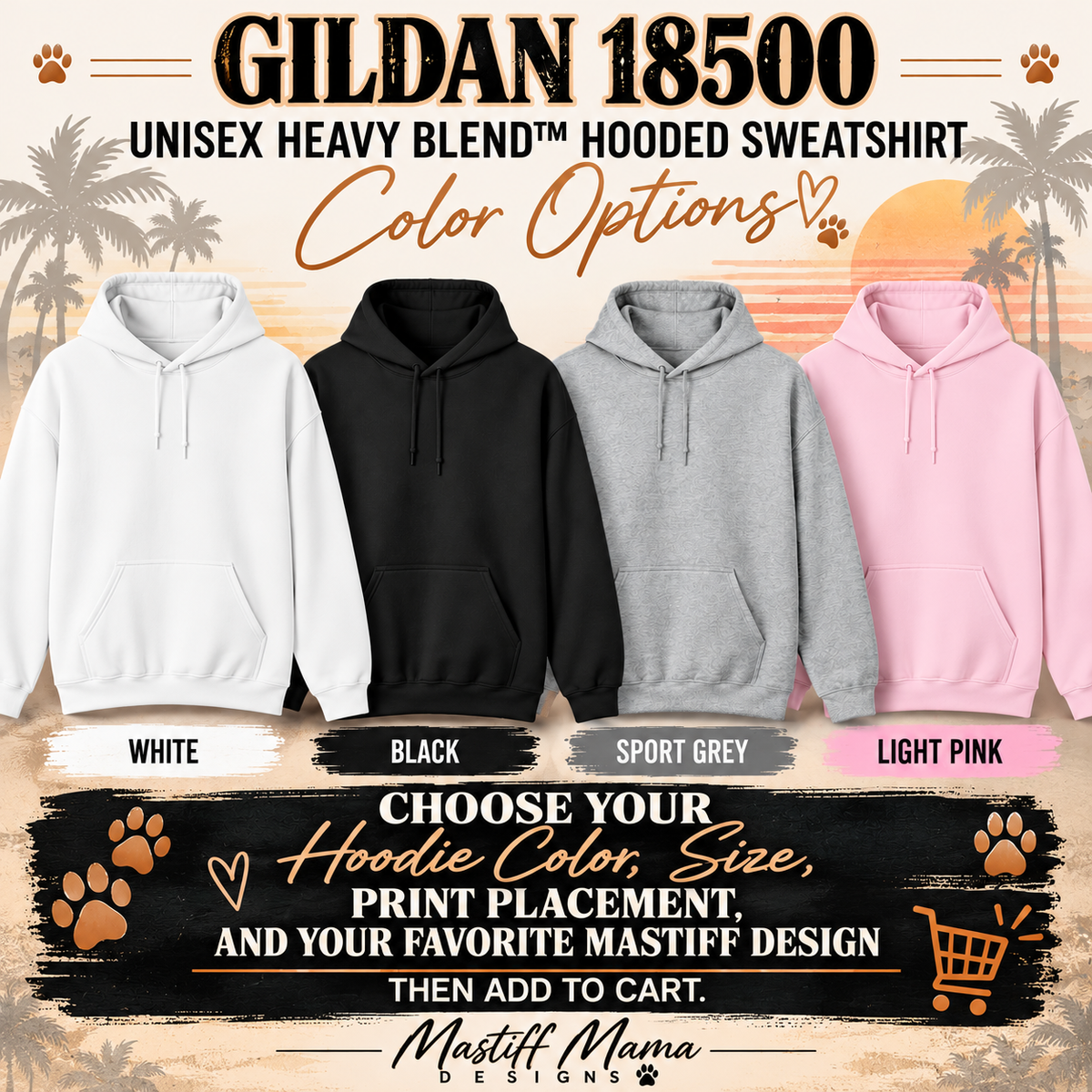 Official Mastiff fan hoodie available in multiple colors and adult sizes with a required Mastiff design selection.