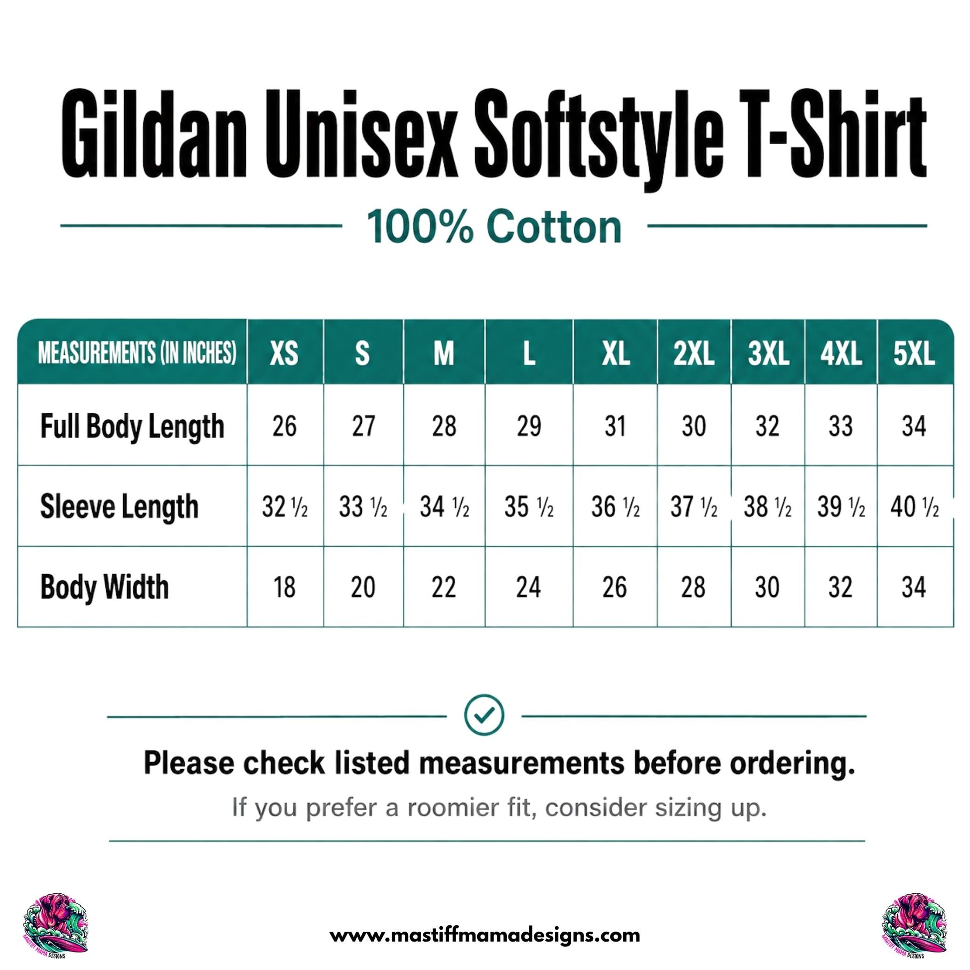 A sizing chart for a Gildan Unisex Softstyle T-Shirt, made of 100% cotton. The chart displays measurements in inches for sizes XS through 5XL, including Full Body Length, Sleeve Length, and Body Width.