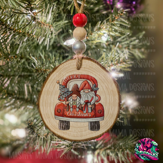Gnomes Sitting in Red Truck Merry Christmas Wooden Ornament with UVDTF - single sided