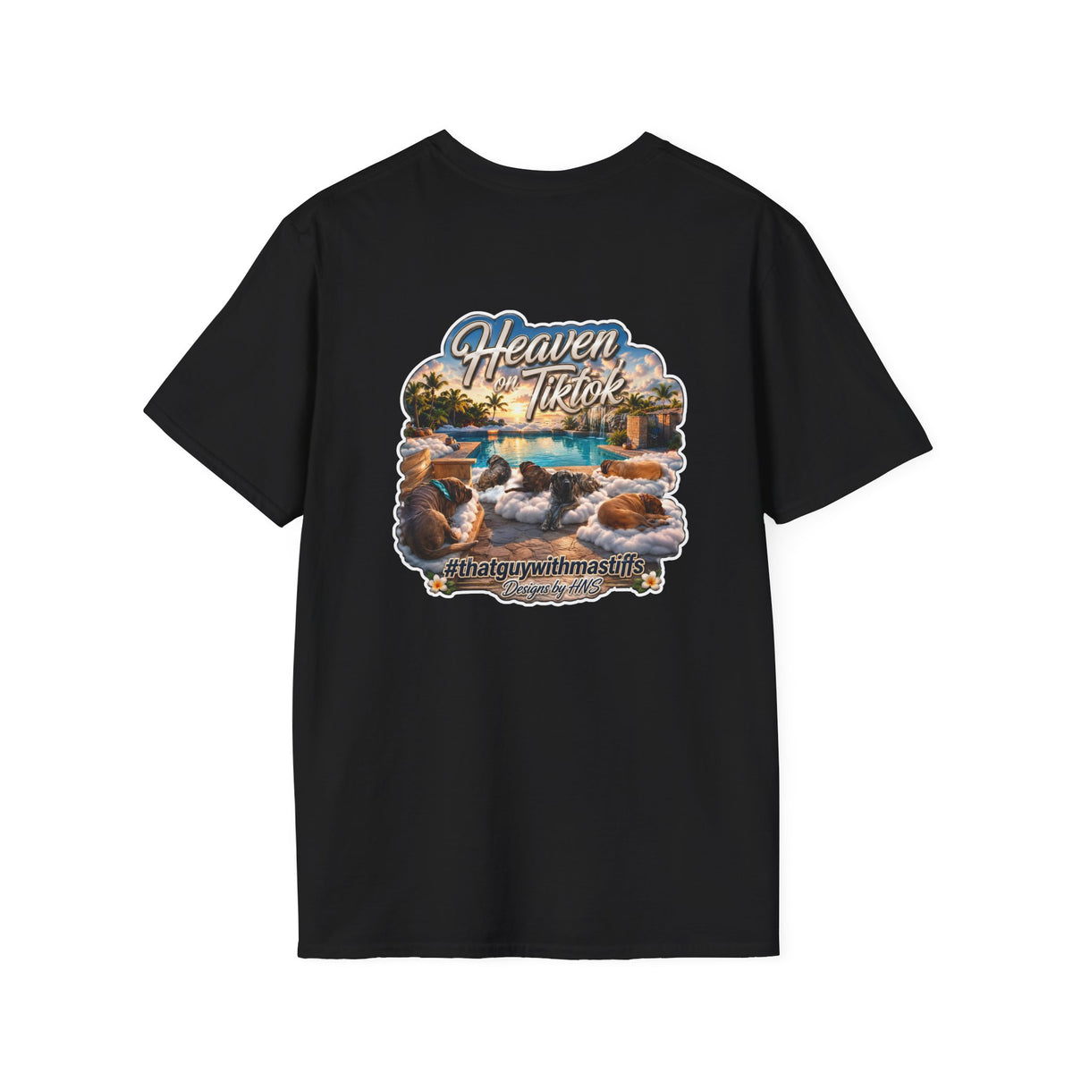 That Guy With Mastiffs Heaven On TikTok Poolside Crew shirt mockup showing tropical poolside mastiff design on backside of black Gildan Softstyle tee.