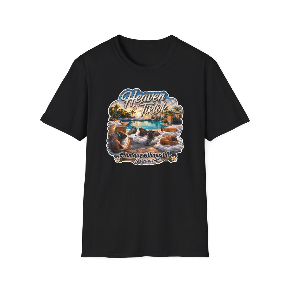 That Guy With Mastiffs Heaven On TikTok Poolside Crew shirt mockup showing tropical poolside mastiff design on front of black Gildan Softstyle tee.