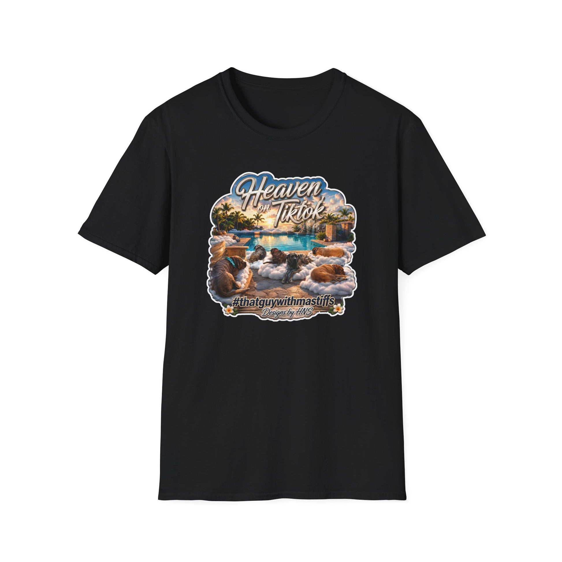 That Guy With Mastiffs Heaven On TikTok Poolside Crew shirt mockup showing tropical poolside mastiff design on front of black Gildan Softstyle tee.