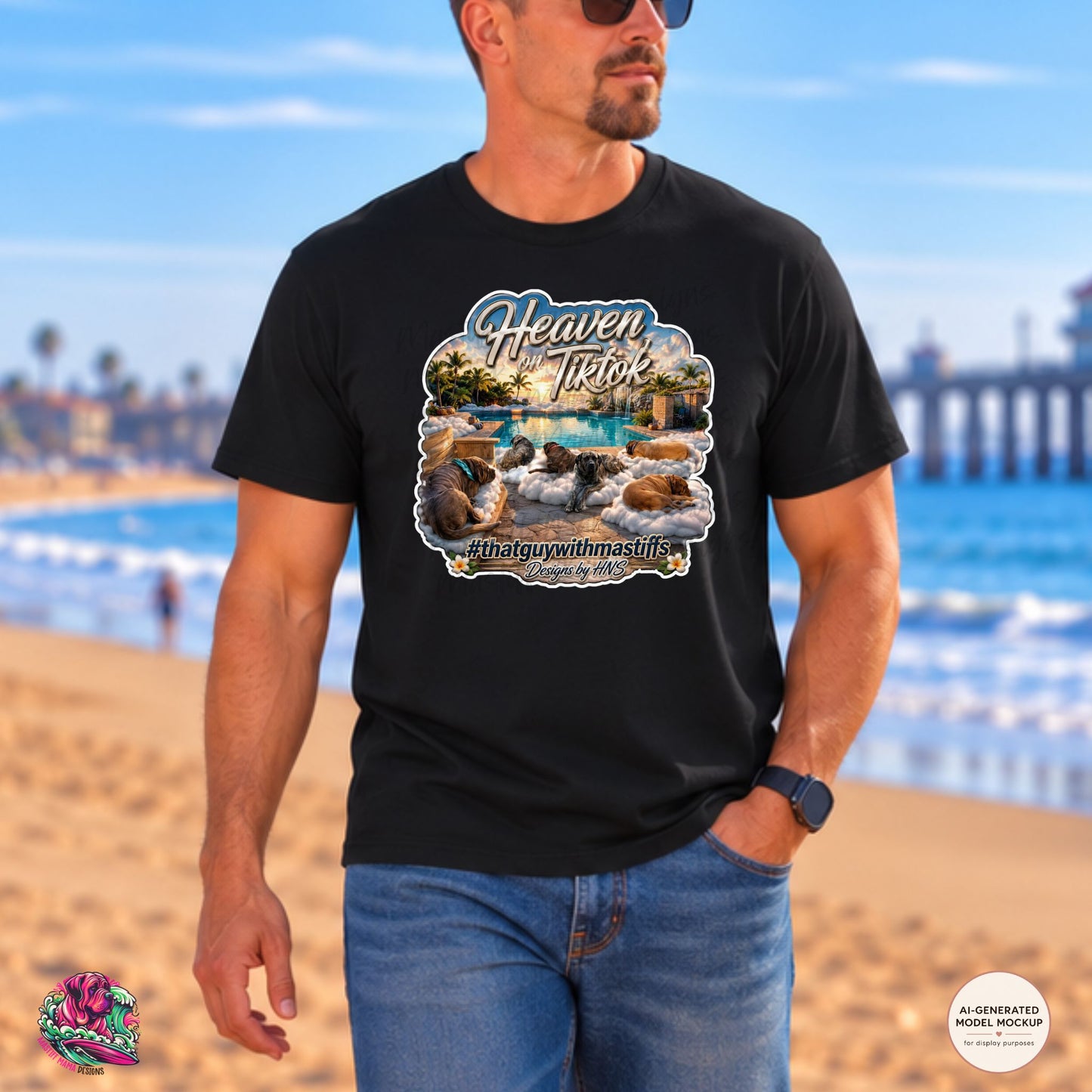 A man wearing a Black Gildan Unisex Softstyle t-shirt mockup featuring Heaven On TikTok Poolside Crew mastiff design, official That Guy With Mastiffs merch by Mastiff Mama Designs.