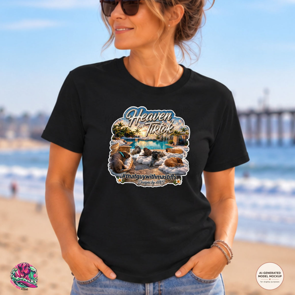 A woman wearing a Black Gildan Unisex Softstyle t-shirt mockup featuring Heaven On TikTok Poolside Crew mastiff design, official That Guy With Mastiffs merch by Mastiff Mama Designs.