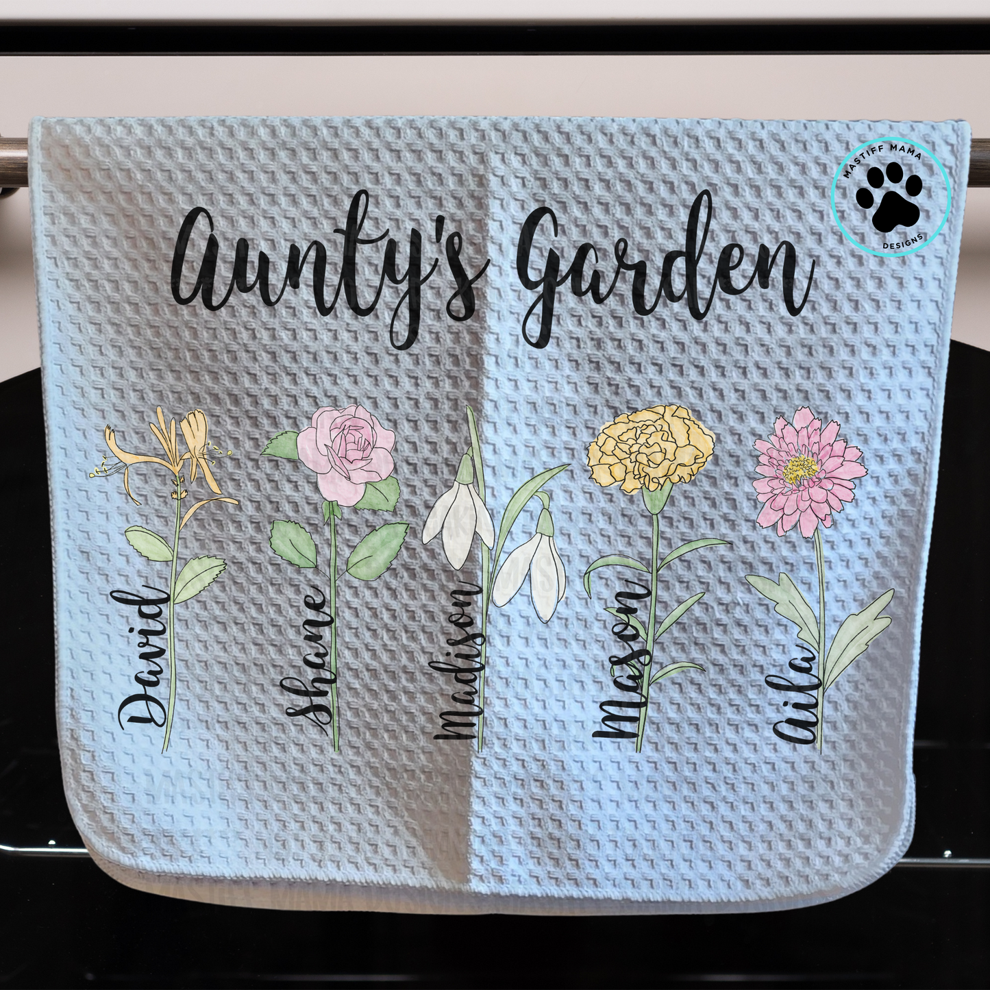 Mom's Wildflowers Custom Birth Month Flowers and Names on Waffle Kitchen Towel - One Sided Design
