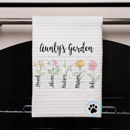 Custom Birth Month Flowers and Names on Waffle Kitchen Towel - Aunty's Garden - One Sided Design