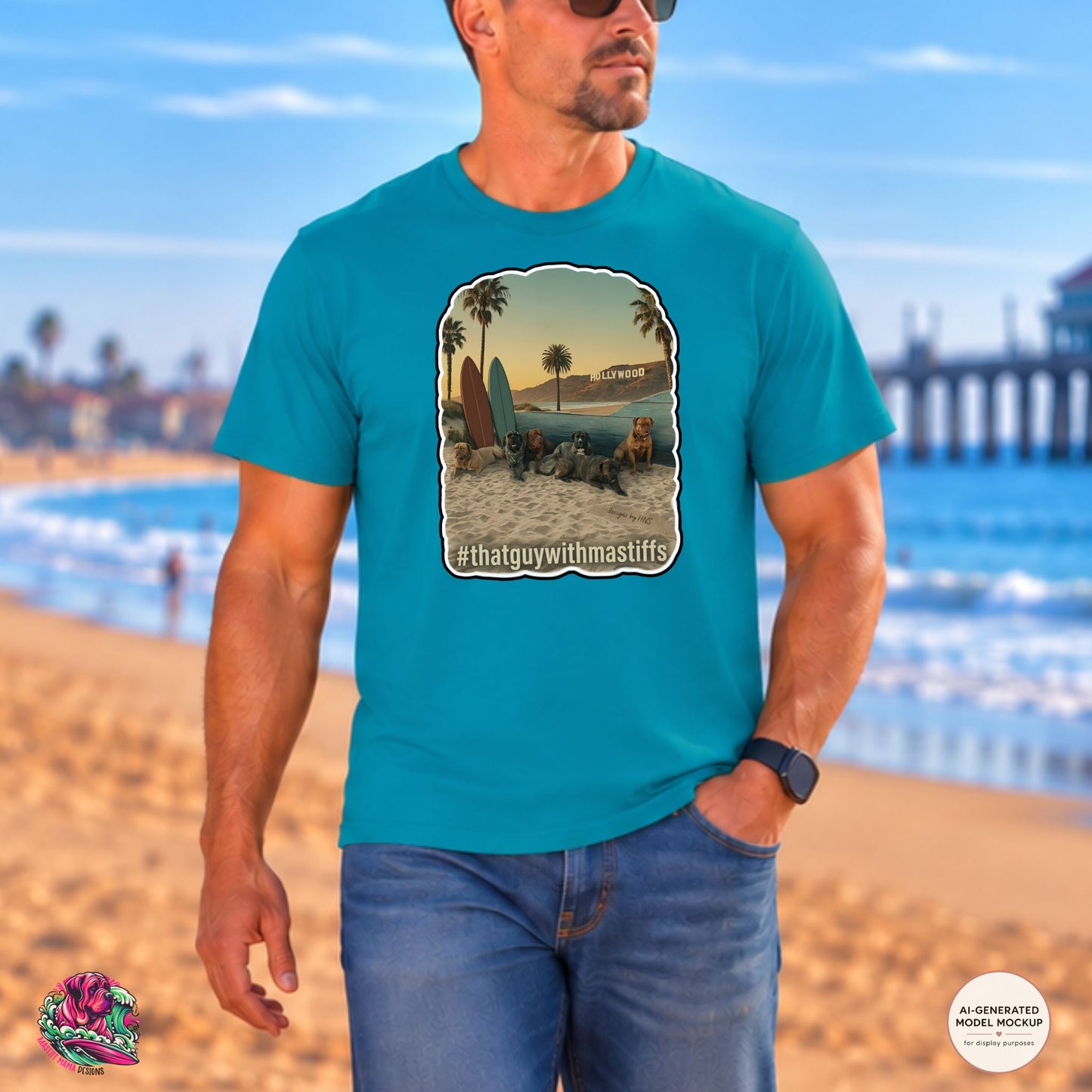 A guy wearing a Tropical Blue unisex That Guy With Mastiffs graphic t-shirt with beach mastiff design printed on the front, official mastiff merch by Mastiff Mama Designs.
