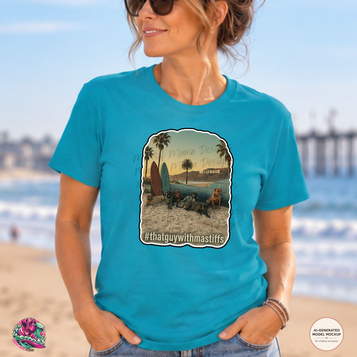 A woman wearing a Tropical Blue unisex Official That Guy With Mastiffs Hollywood beach crew graphic t-shirt featuring six mastiffs on the sand with surfboards, palm trees, ocean scenery, and #thatguywithmastiffs text design printed on the front, official mastiff merch by Mastiff Mama Designs.
