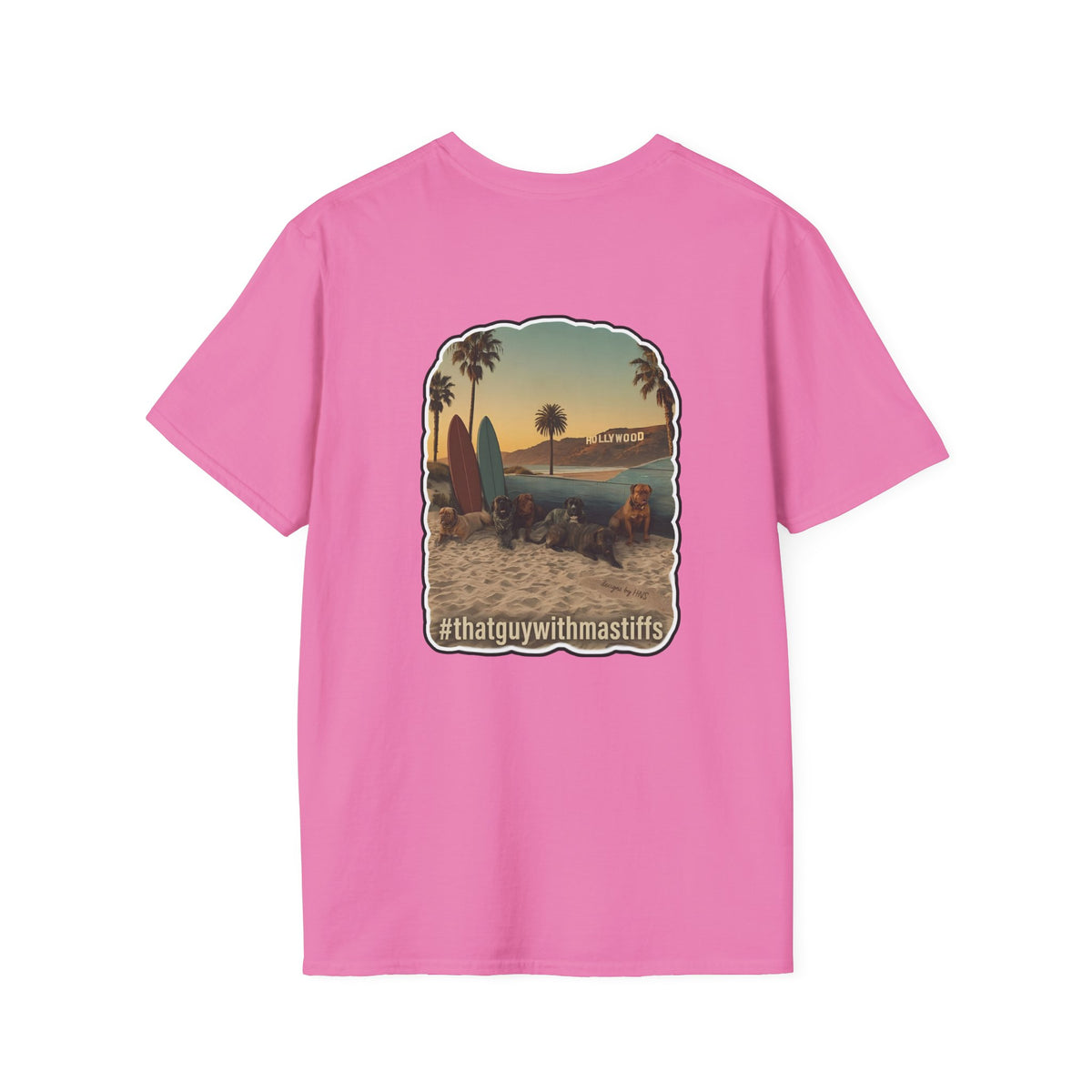 Back view of pink That Guy With Mastiffs shirt featuring large beach mastiff graphic with palm trees, surfboards, and Hollywood-inspired scenery.