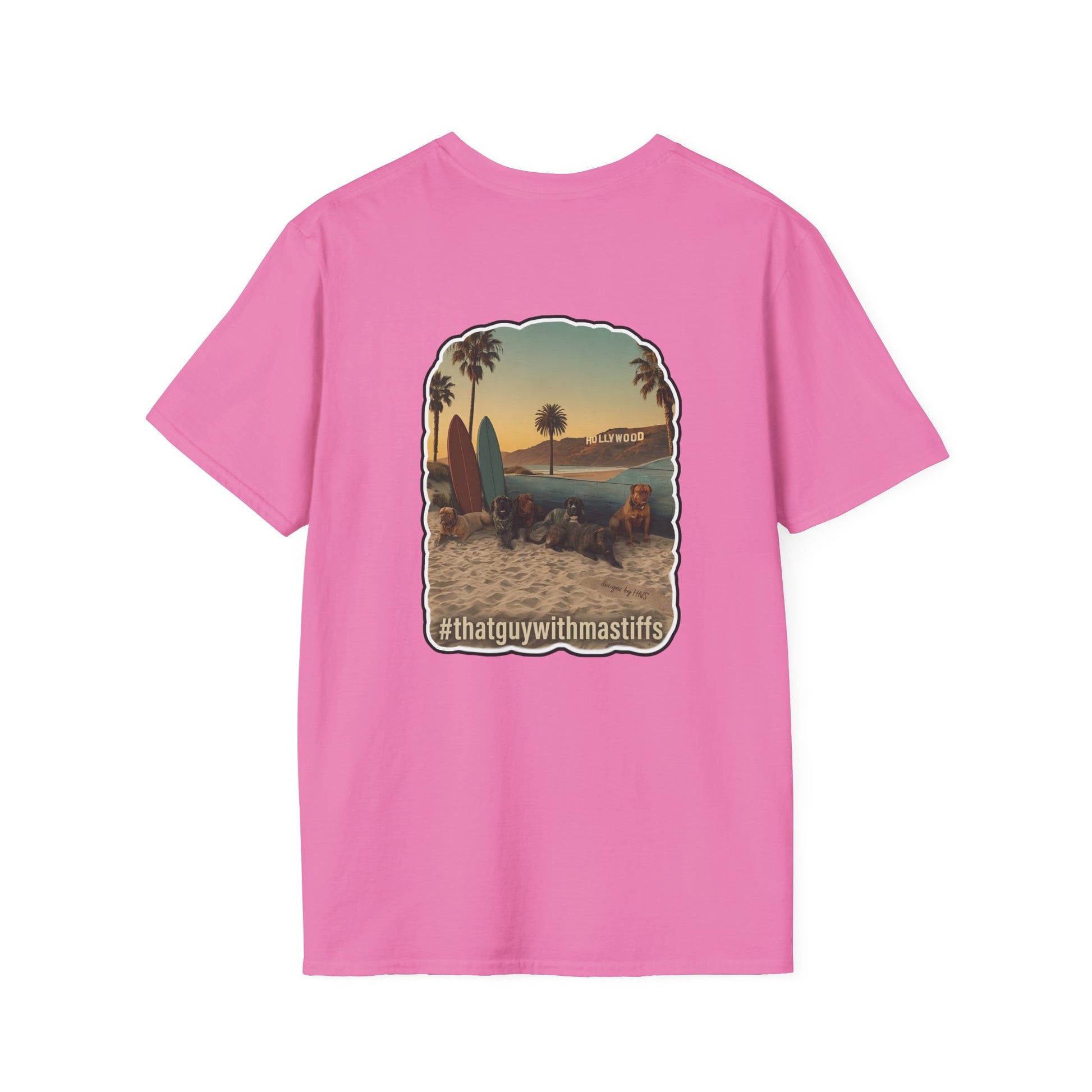 Back view of pink That Guy With Mastiffs shirt featuring large beach mastiff graphic with palm trees, surfboards, and Hollywood-inspired scenery.