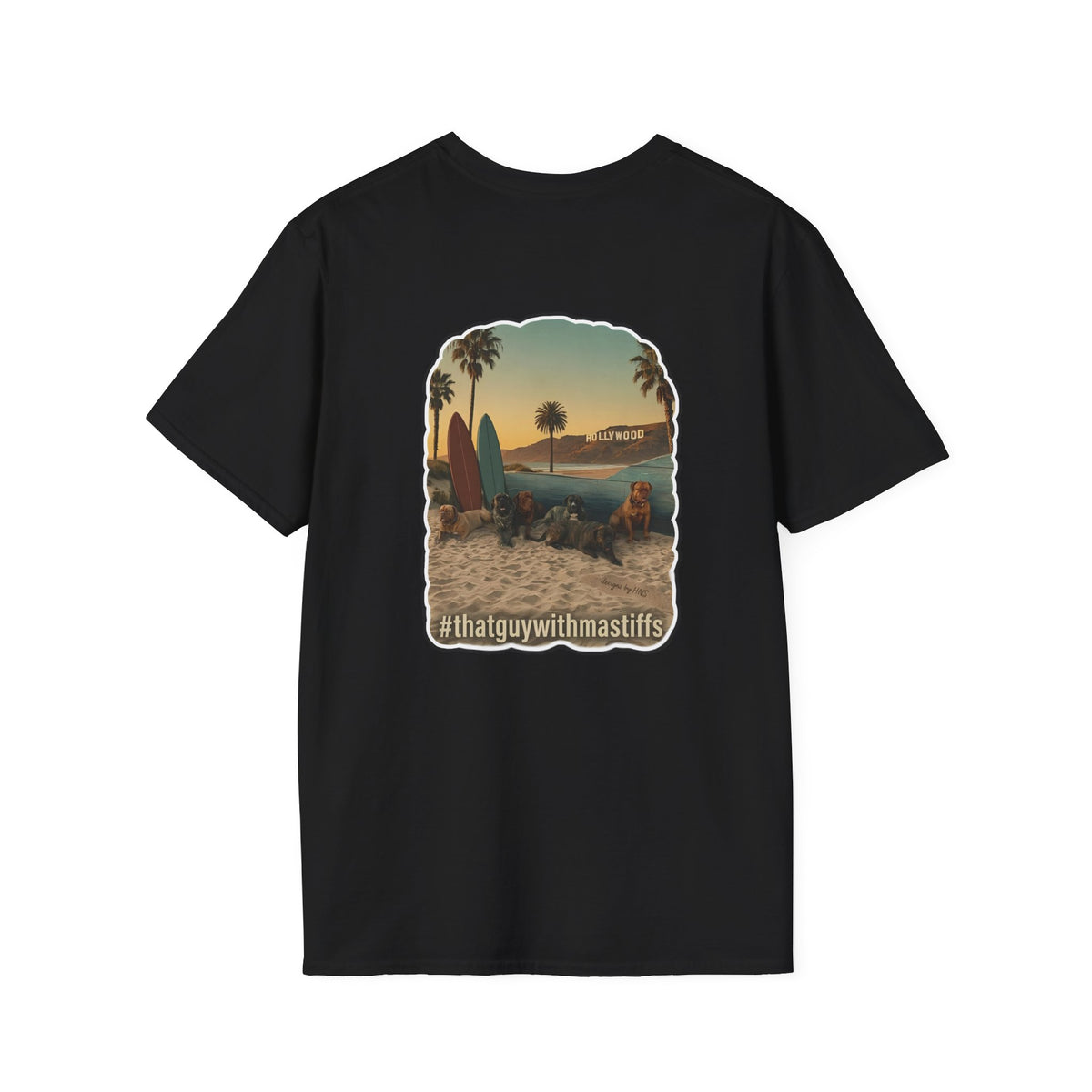 Back view of black That Guy With Mastiffs shirt featuring large beach mastiff graphic with palm trees, surfboards, and Hollywood-inspired scenery.