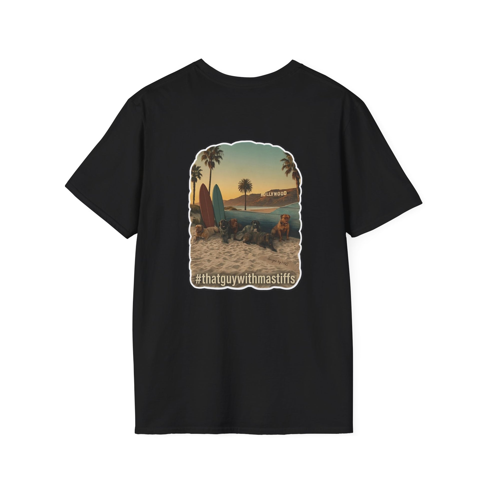 Back view of black That Guy With Mastiffs shirt featuring large beach mastiff graphic with palm trees, surfboards, and Hollywood-inspired scenery.