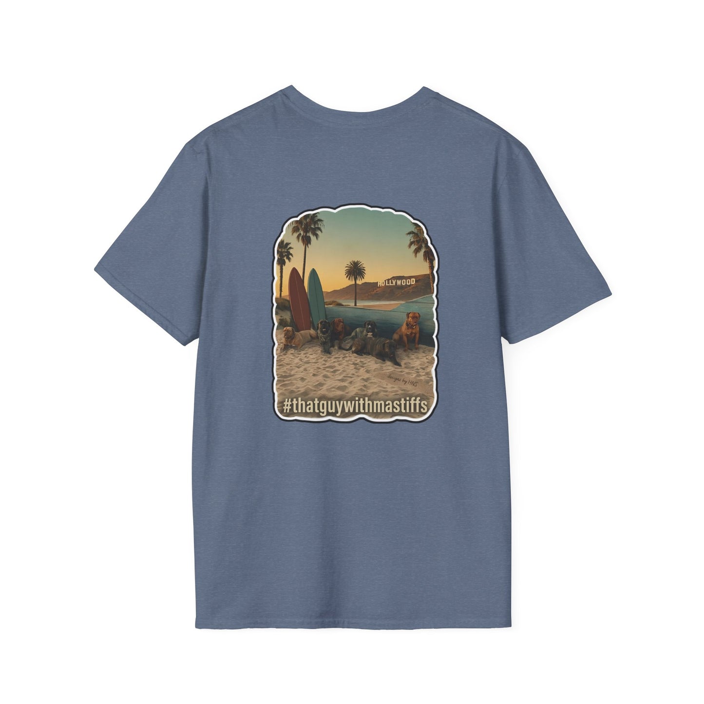 Back view of indigo That Guy With Mastiffs shirt featuring large beach mastiff graphic with palm trees, surfboards, and Hollywood-inspired scenery.