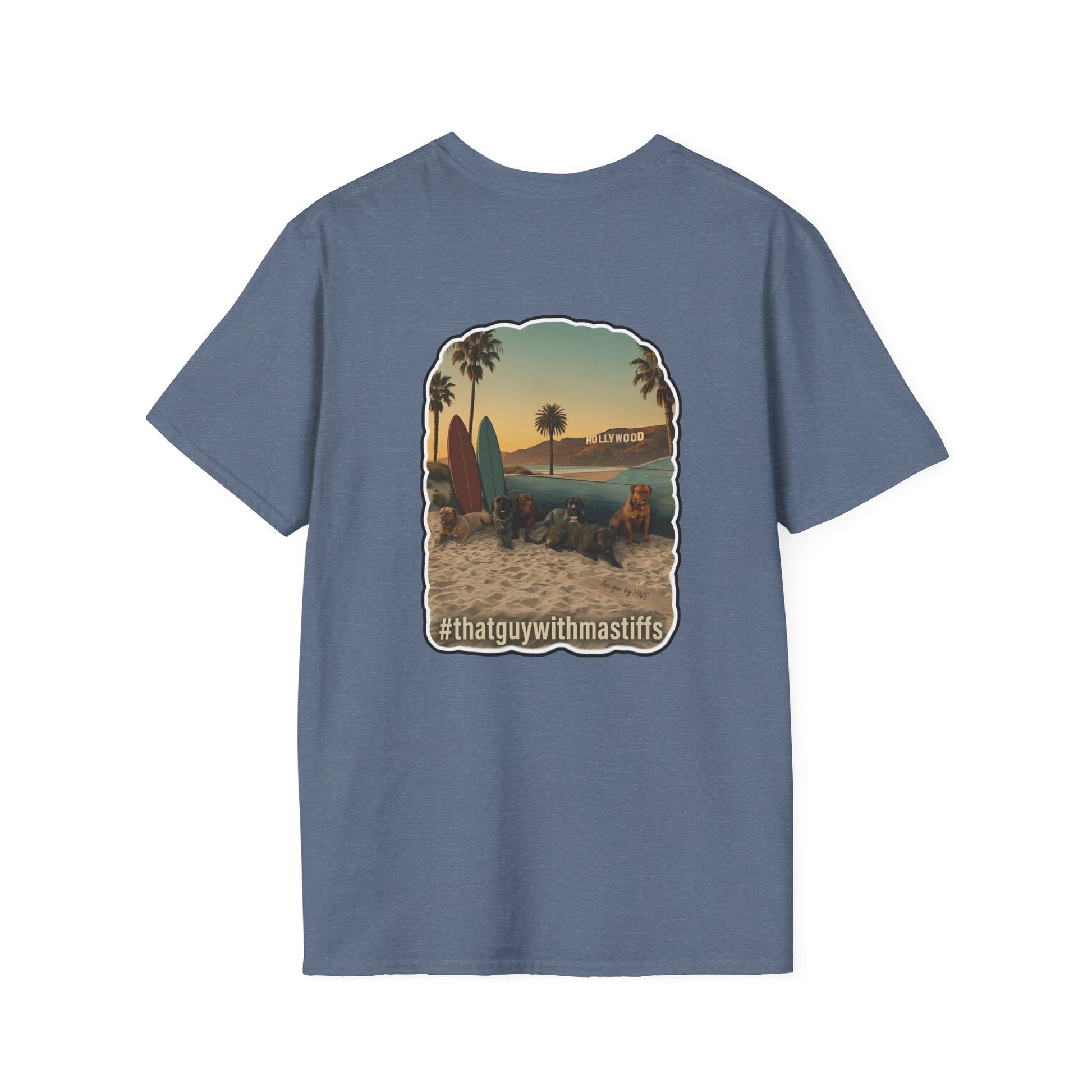Back view of indigo That Guy With Mastiffs shirt featuring large beach mastiff graphic with palm trees, surfboards, and Hollywood-inspired scenery.