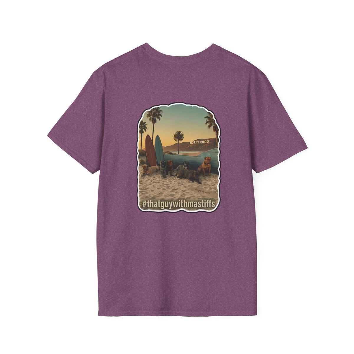 A heathered maroon short-sleeve t-shirt with a central graphic print of a beach scene featuring surfboards, palm trees, and the Hollywood sign, with the text '#thatguywithmastiffs' printed below. on the back of the shirt.