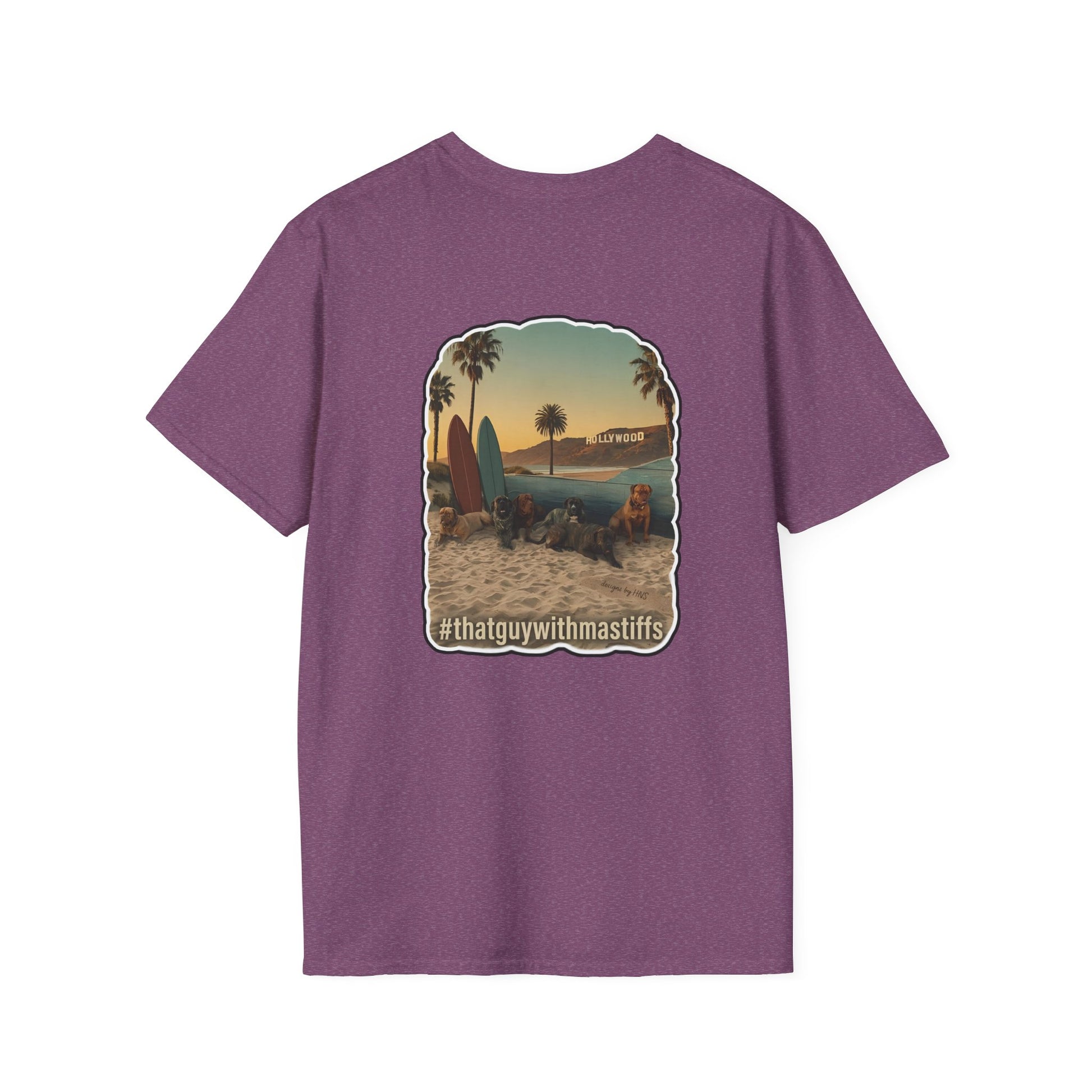 A heathered maroon short-sleeve t-shirt with a central graphic print of a beach scene featuring surfboards, palm trees, and the Hollywood sign, with the text '#thatguywithmastiffs' printed below. on the back of the shirt.