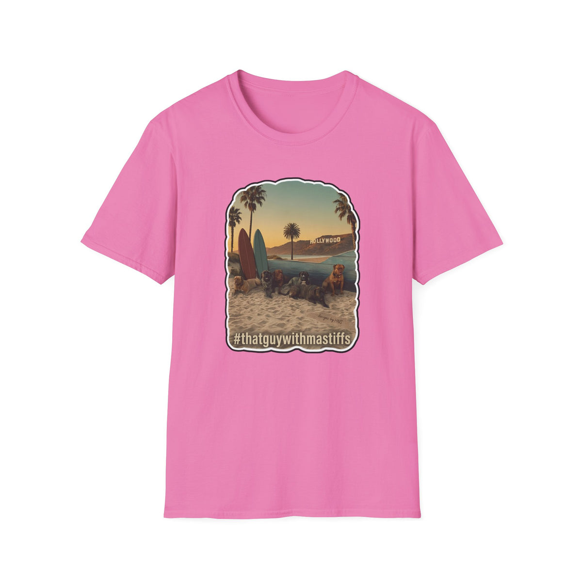 Pink unisex That Guy With Mastiffs graphic t-shirt with beach mastiff design printed on the front, official mastiff merch by Mastiff Mama Designs.