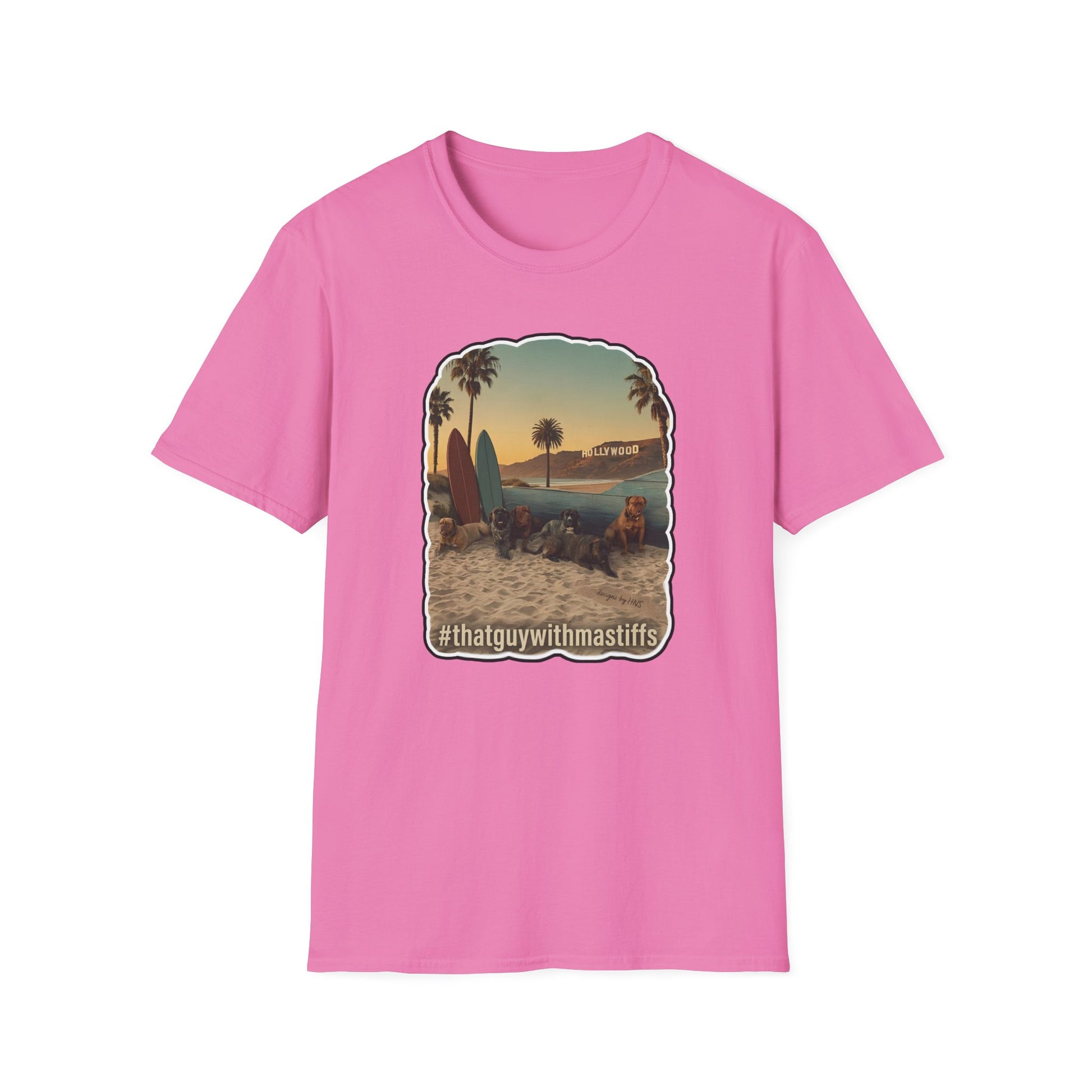 Pink unisex That Guy With Mastiffs graphic t-shirt with beach mastiff design printed on the front, official mastiff merch by Mastiff Mama Designs.