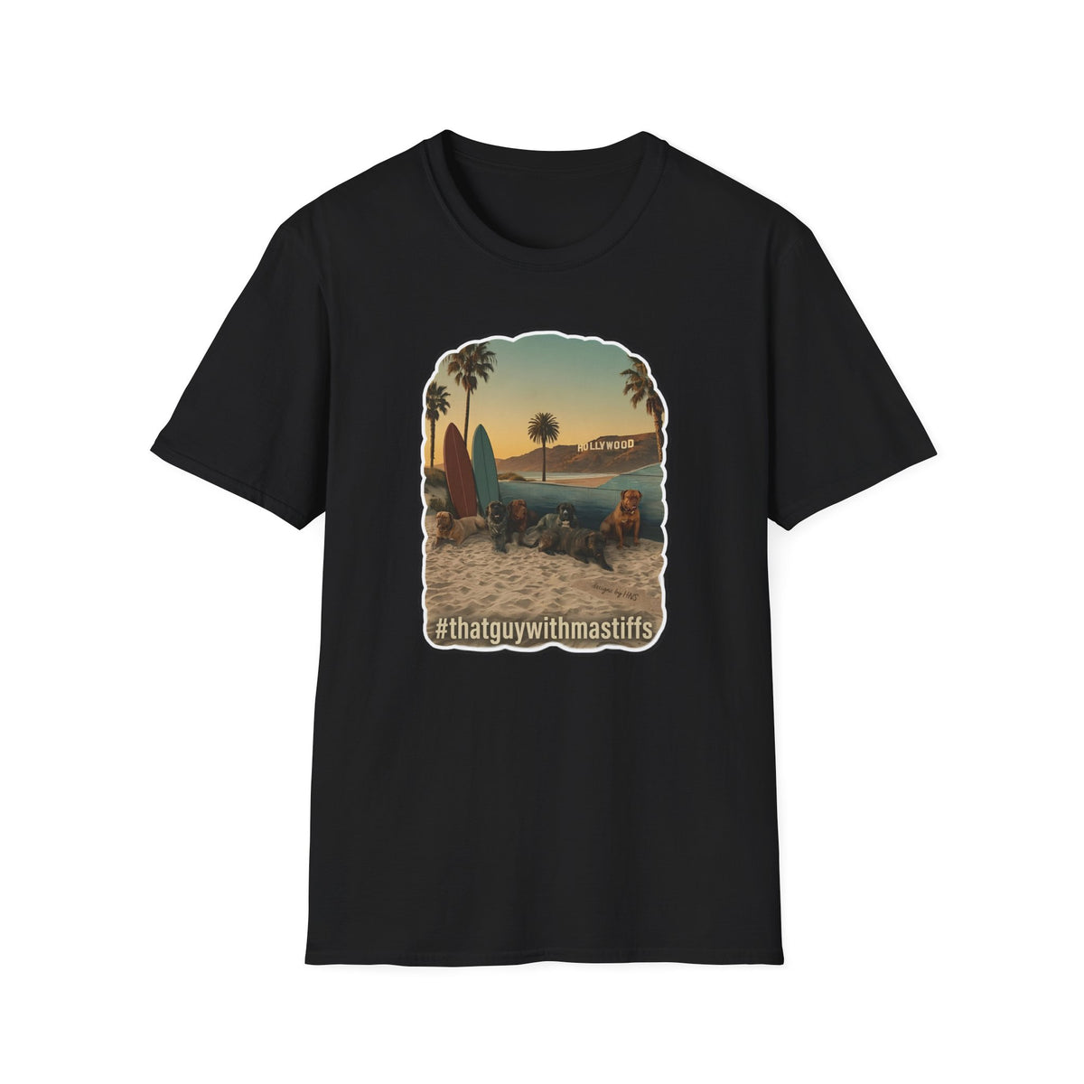Black unisex That Guy With Mastiffs graphic t-shirt with beach mastiff design printed on the front, official mastiff merch by Mastiff Mama Designs.