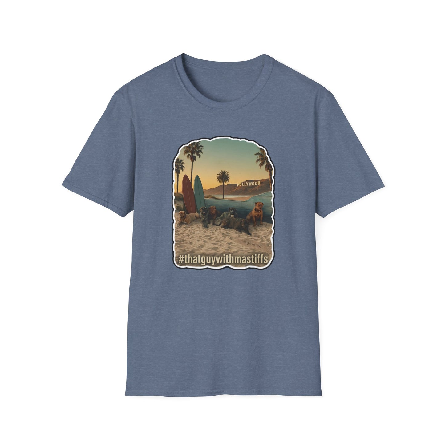 Indigo unisex That Guy With Mastiffs graphic t-shirt with beach mastiff design printed on the front, official mastiff merch by Mastiff Mama Designs.