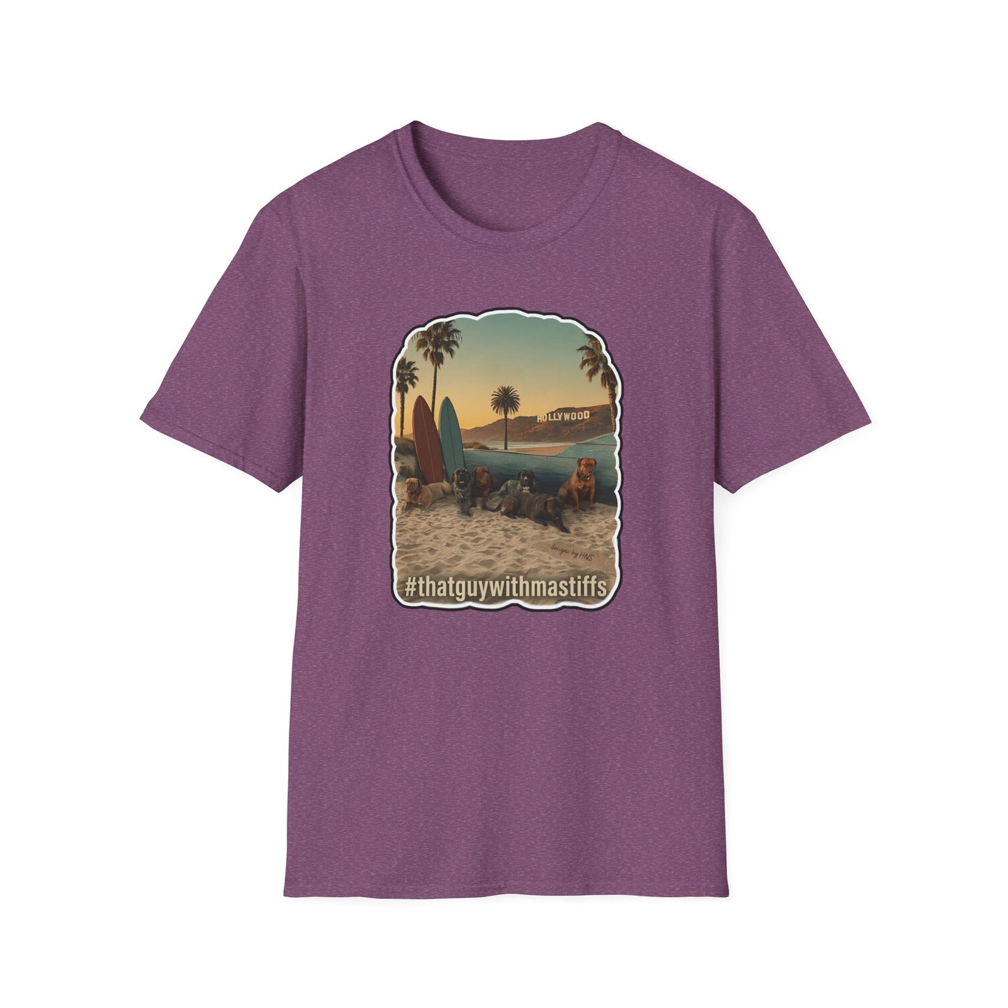 A heathered maroon short-sleeve t-shirt with a central graphic print of a beach scene featuring surfboards, palm trees, and a house, with the text '#thatguywithmastiffs' printed below the graphic.