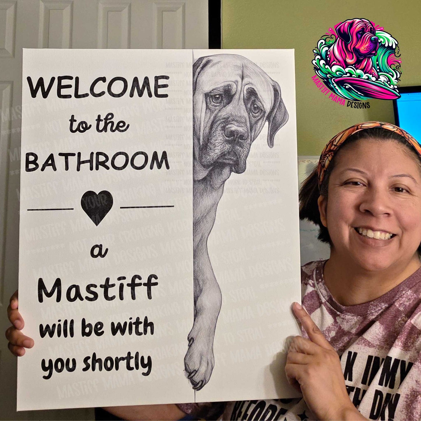 Welcome to the Bathroom Funny English Mastiff on Light Brown Canvas Art - 2 Size Options - Use Drop Down Box to Select
