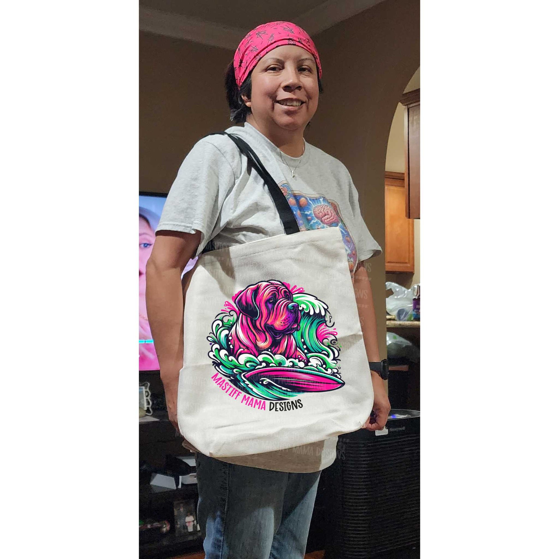 tote bag adult holding mastiff mama designs logo english mastiff