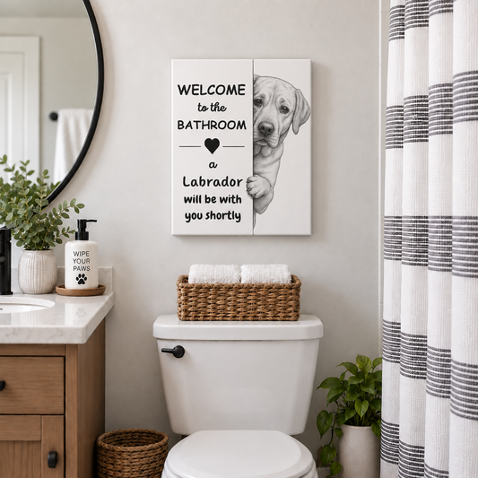 Funny Labrador bathroom canvas hanging above a toilet with a black-and-white dog peeking beside the welcome message.
