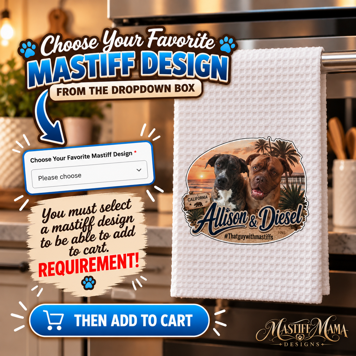 Official That Guy With Mastiffs waffle weave kitchen towel featuring an example Mastiff design on the front.
