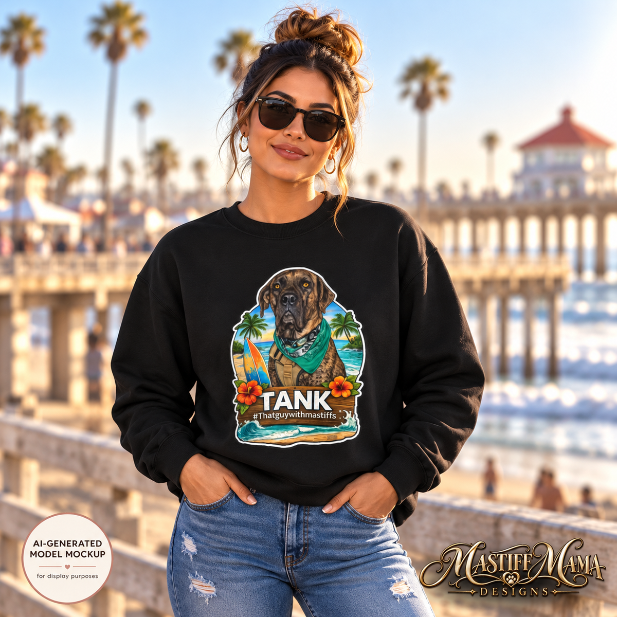 A woman wearing a black crewneck sweatshirt with a colorful graphic of a dog on a beach and the text 'TANK' stands in front of a blurred pier and ocean background. A circular badge in the bottom left reads 'AI-GENERATED MODEL MOCKUP' and the bottom right shows the 'Mastiff Mama Designs' brand logo.