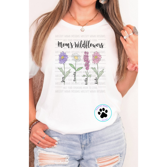 Personalized Birth Month Flowers And Names On Unisex Short Sleeve Shirt - Mom's Wildflowers with  2 color options