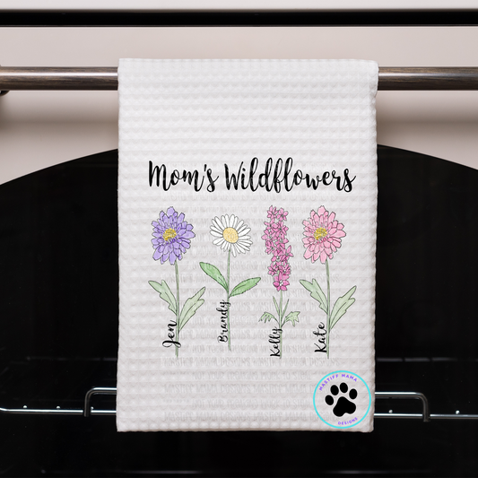 Mom's Wildflowers Custom Birth Month Flowers and Names on Waffle Kitchen Towel - One Sided Design