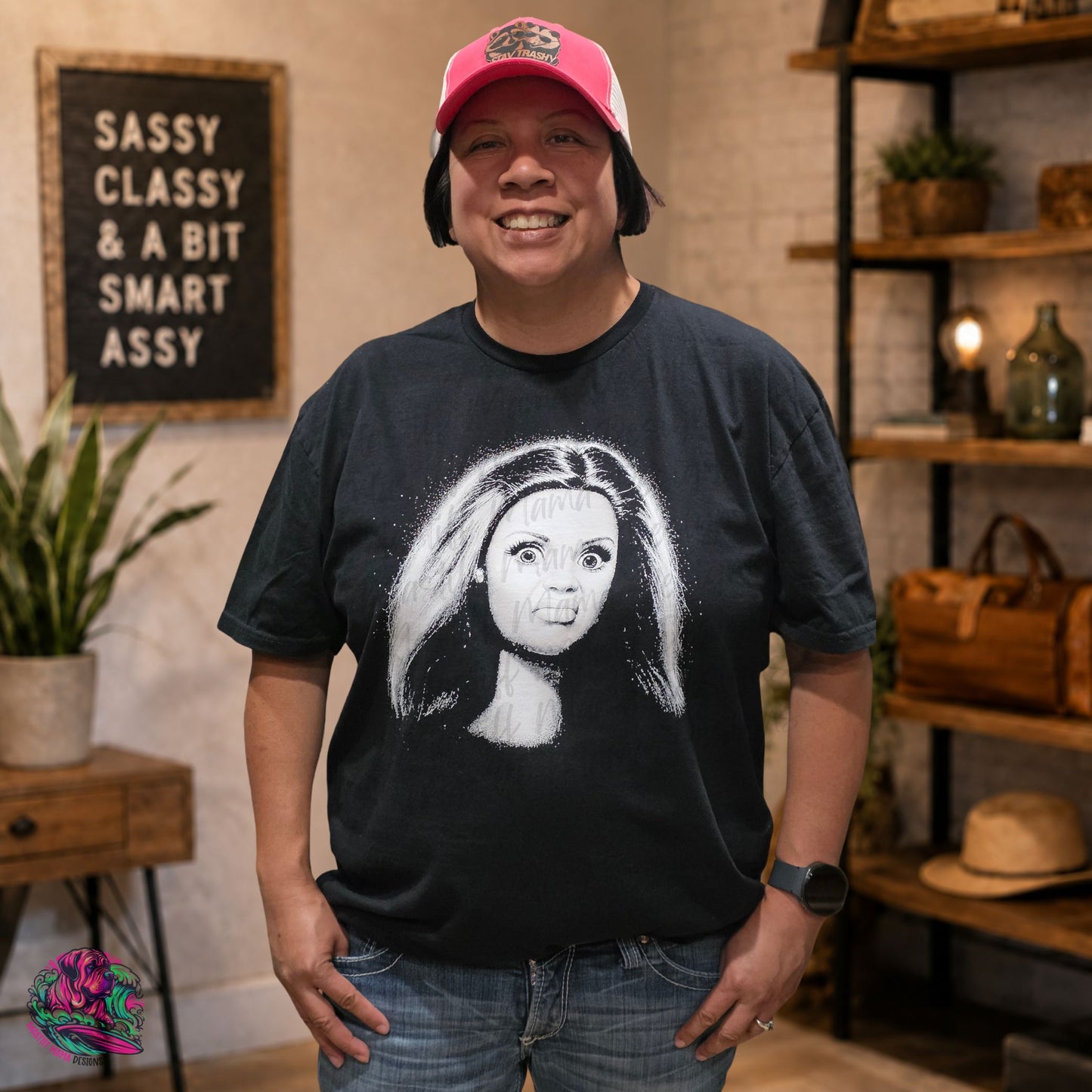 Woman modeling black sarcastic graphic tee with funny face design, trendy DTF printed shirt for sassy everyday style.