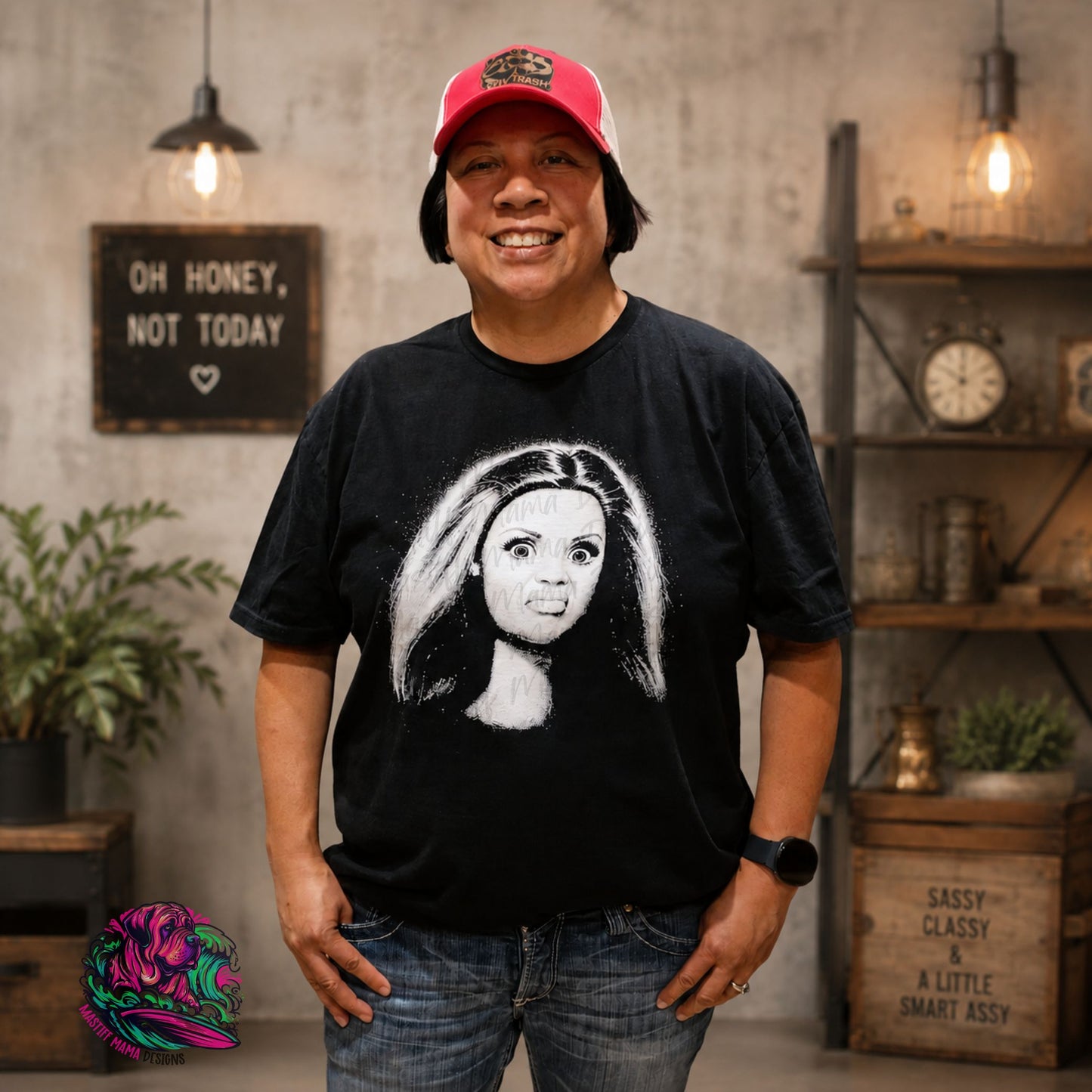 Woman modeling black sarcastic graphic tee with funny face design, trendy DTF printed shirt for sassy everyday style.