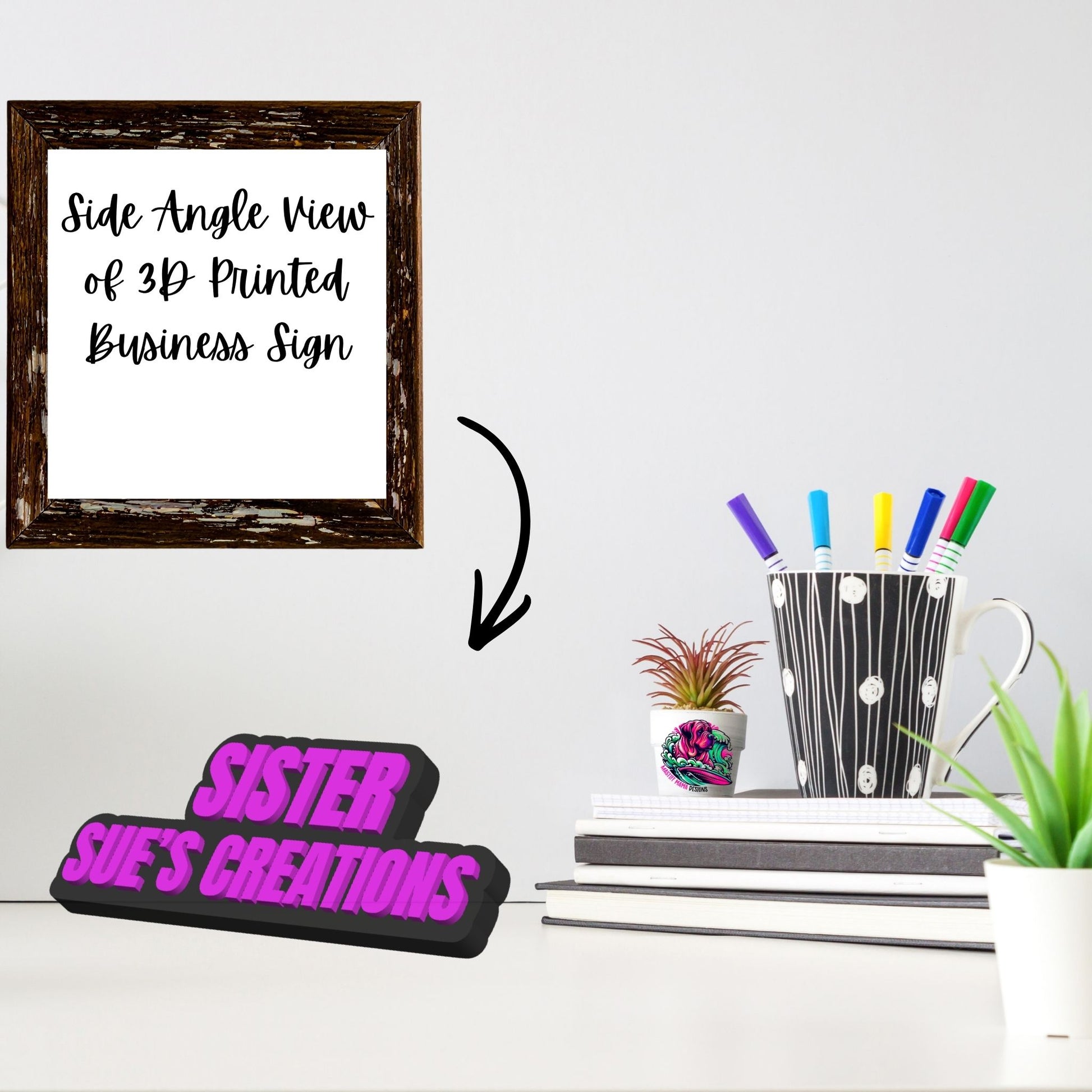 Side view of sturdy freestanding personalized 3D business signs showing dimensional raised lettering and thick black base