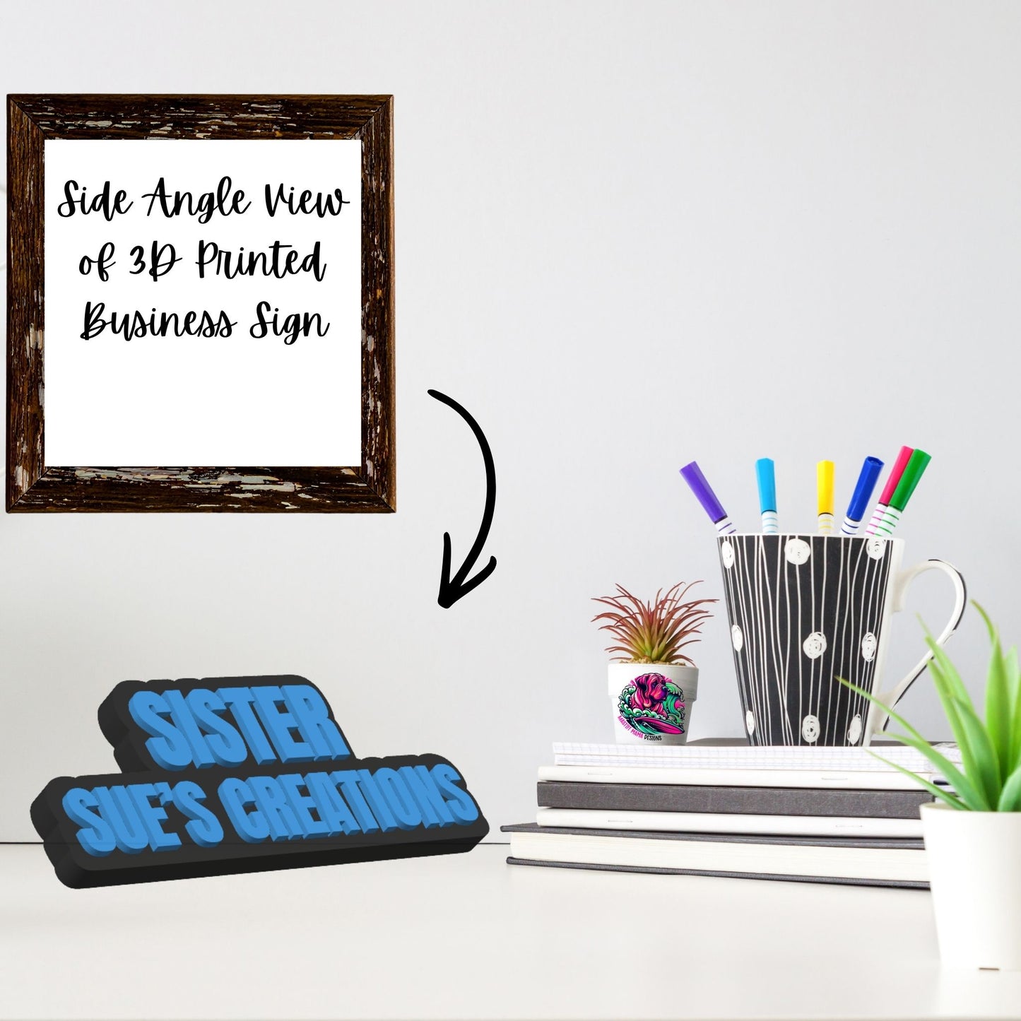 Side view of sturdy freestanding personalized 3D business signs showing dimensional raised lettering and thick black base