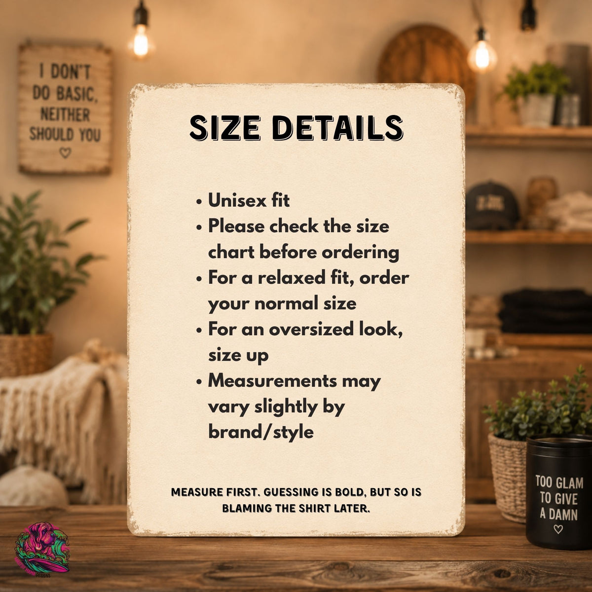 A rustic cream-colored metal sign displaying size details and fit instructions, styled on a wooden table in a cozy, warm-toned home interior setting.